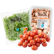 Gesneden kastanje champignons
schaal à 125 gram, cherry tomaten schaal à 250 gram
of rucola sla zak à 85 gram